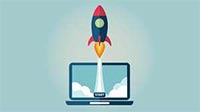 A rocket blasting off from a laptop computer.