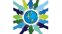 Different colored hands surrounding Earth.