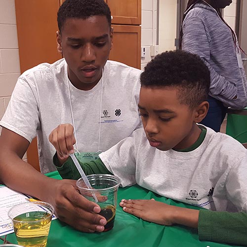An older child helping a younger child with a science experiment.
