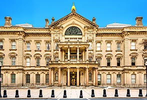 The New Jersey Capirol Building from the front.