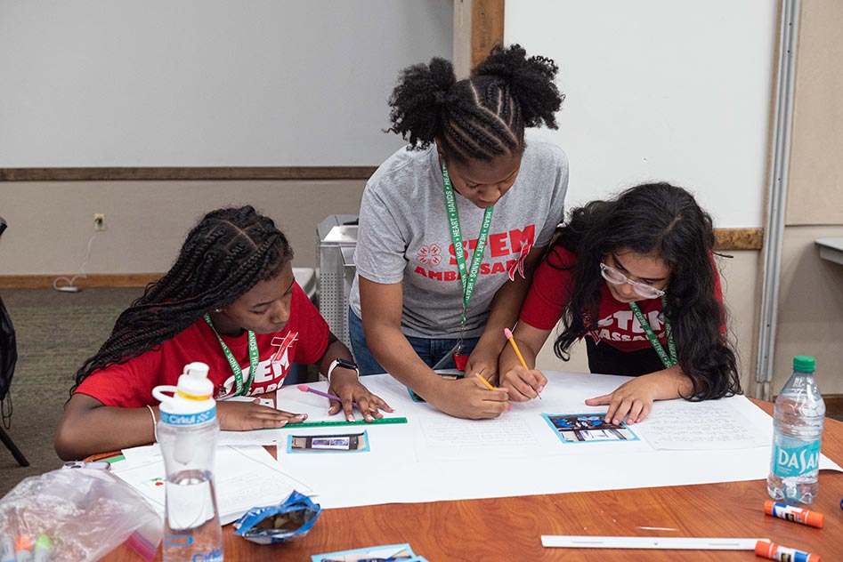 A returning STEM ambassador works with two future STEM ambassadors on their final reflection presentation poster. All of them are filling out a section of their poster. Around them are bottles or water, snacks, and photos they plan to put on the poster.